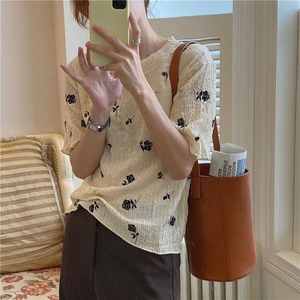 

women's blouses & shirts 2021 elegance retro chic flowers slim stylish femme thin all match korean streetwear vintage women, White