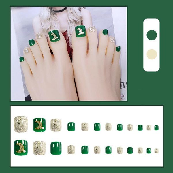 

false nails 24 pcs square fake toenails with moon decor adhesive/wearable extension for toe nail artist green & slivery faux ongles, Red;gold