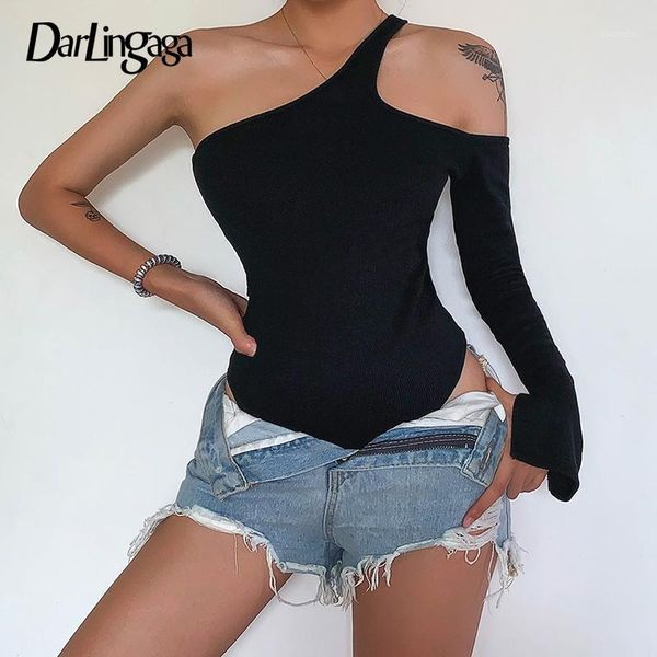 

darlingaga asymmetrical ribbed bodysuit women single long sleeve body suit fashion jumpsuit romper open shoulder bodysuits, Black;white
