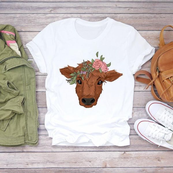 

women flower heifer cow fashion fashion printing clothes summer shirt t-shirts t graphic female ladies womens tee t-shirt, White