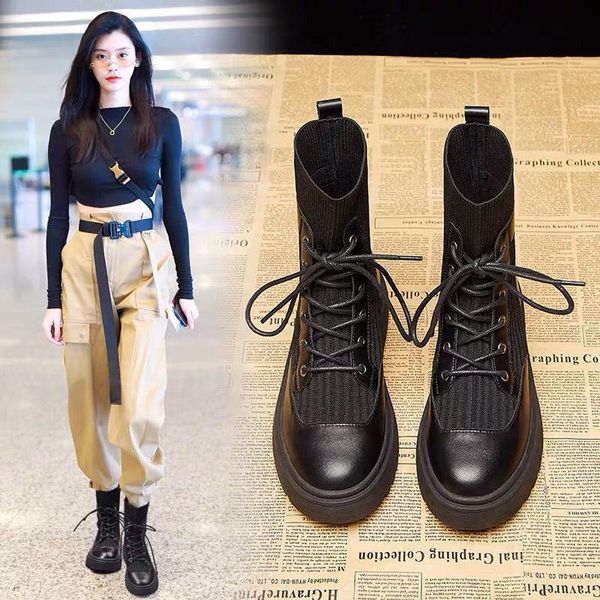 

boots elastic fabric martn women's 2021 autumn and winter british style thick-soled handsome motorcycle knight, Black