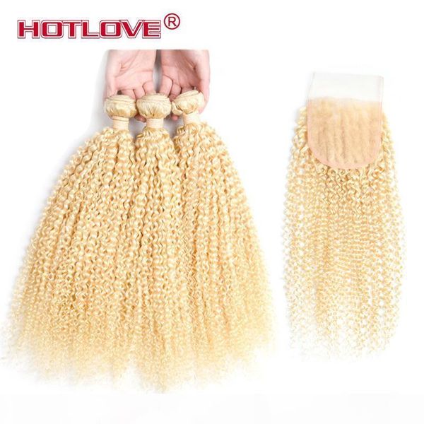 

brazilian virgin hair 3 bundles with closure #613 blonde kinky curly hair virgin brazilian hair honey blonde lace closure with bundles, Black;brown