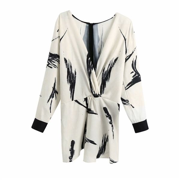 

women's knits & tees fashion ink painting print za knotted women long blouse ladies casual v-neck sleeve streetwear shirts blusas, White