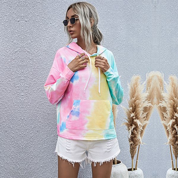 

2021 new hooded pullovers fashion tie dye clothing kangaroo pocket casual autumn winter hoodies for women yhem, Black