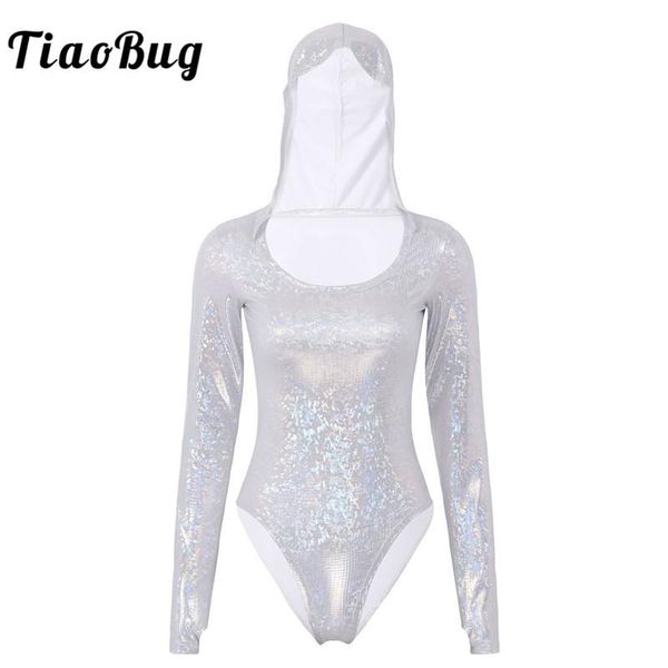 

women's jumpsuits & rompers women shiny metallic holographic long sleeves hooded romper bodysuit club party festival rave stage perform, Black;white