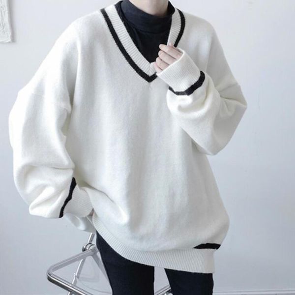 

men's sweaters v-neck stitching sweater korean casual fashion loose knit streetwear pullover, White;black