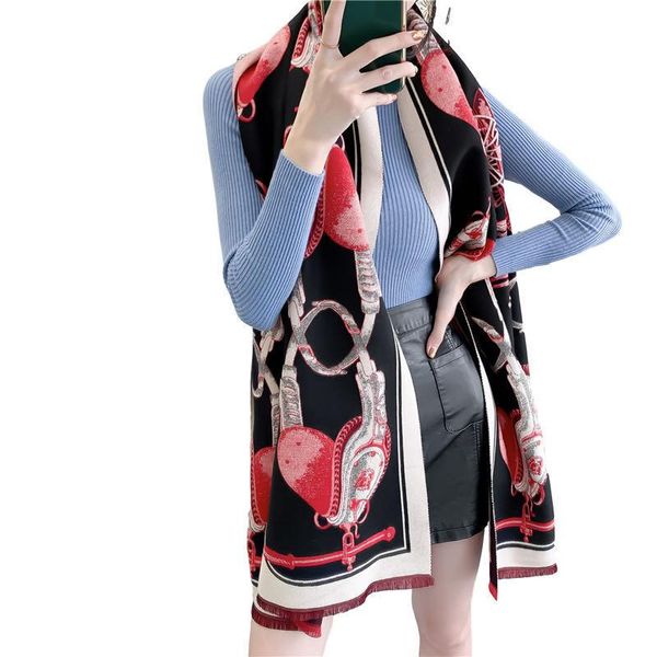 

scarves horse carriage chain scarf for women winter warm cashmere shawls female thick blanket wraps foulard, Blue;gray