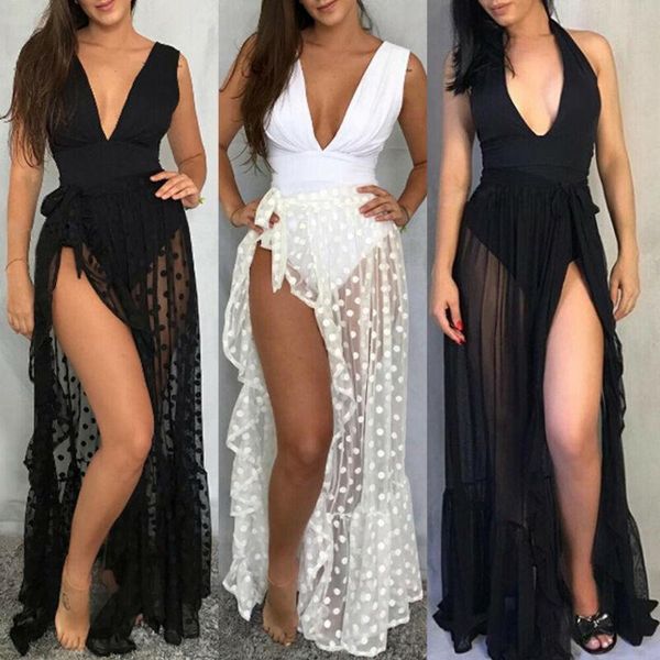 

skirts women mesh sheer beach vacation polka dot sunscreen bikini cover up wrap skirt, Black