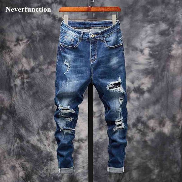Homens rasgados Destruído Casual Slim Fit Jeans Moda Streetwear Big Holes Hip Hop Masculino Algodão Mendigo Denim Harem Calças 210723