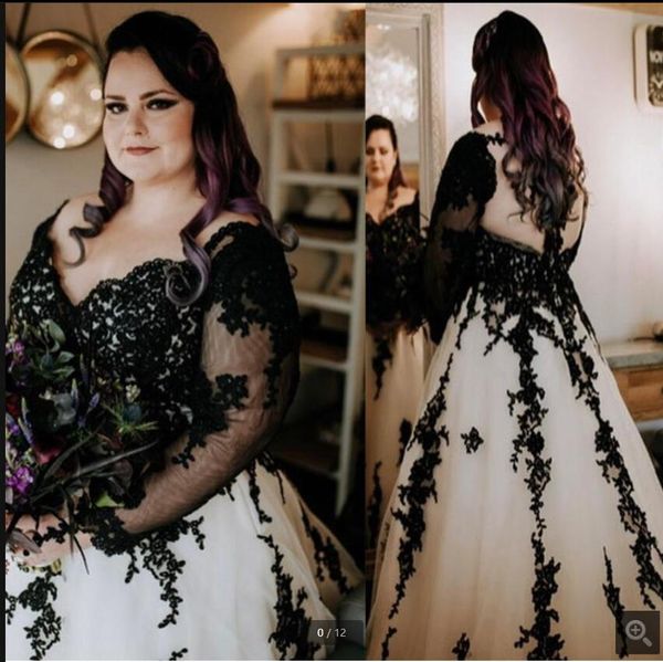 

2021 new arrival gothic black and white ball gown wedding dresses illusion back plus size lace appliques bride dress princess long sleeve la