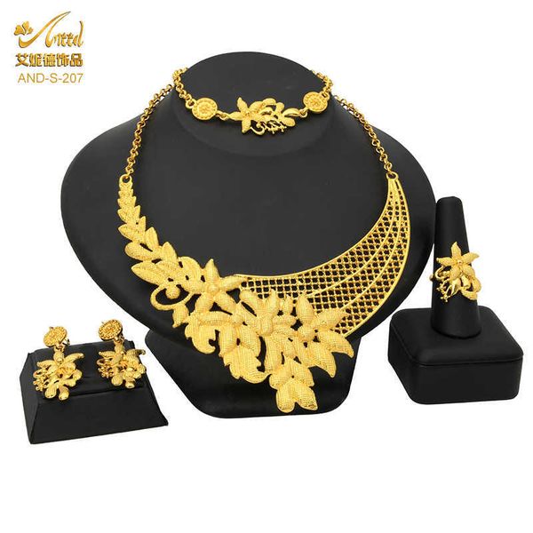 Pakistanisches Schmuckset für Frauen, äthiopische Brautgold-Halsketten/Armbänder/Ohrringe-Sets, afrikanische Hochzeitsschmuck-Accessoires H1022