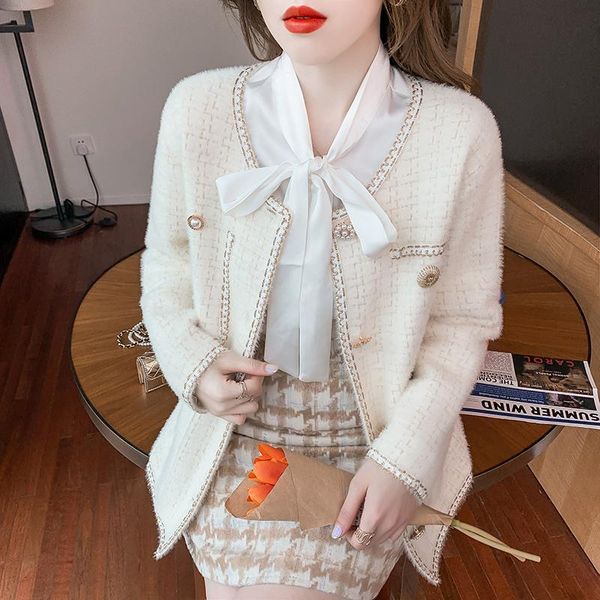 

women's wool & blends bright silk check round neck long-sleeved sweater jacket female imitation mink loose and thin korean women clothi, Black