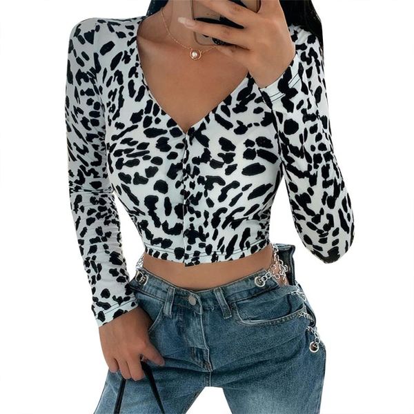 

women's t-shirt t-shirts leopard printed slim long sleeve v neck buttons up ladies streetwear casual tee autumn clothes, White