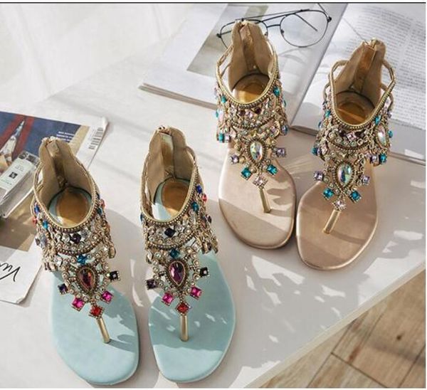 

ins lady summer colorful diamonds t strap flip-flops rhinestones beading woman beach t strap flip sandals, Black