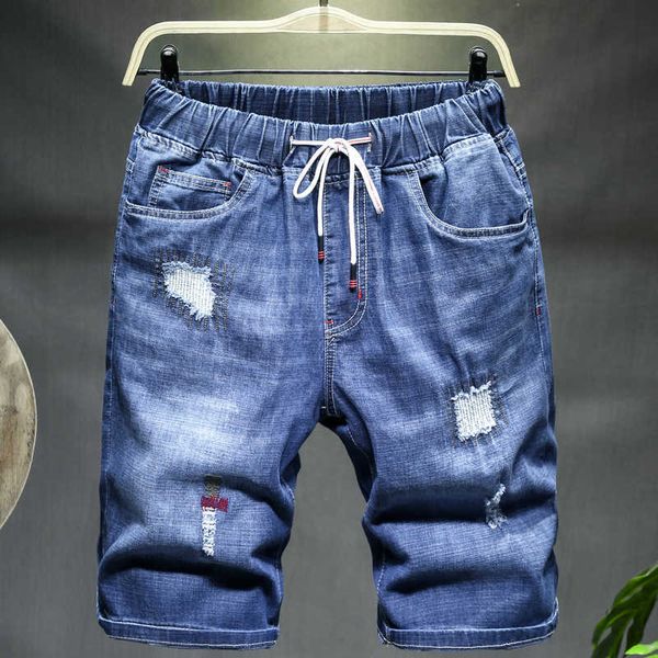 M-10XL Yaz Erkekler Büyük Boy Denim Şort Klasik Moda Gevşek Rahat Elastik Bel Kot Erkek Artı Boyutu Marka Pantolon 210531 Yırtık