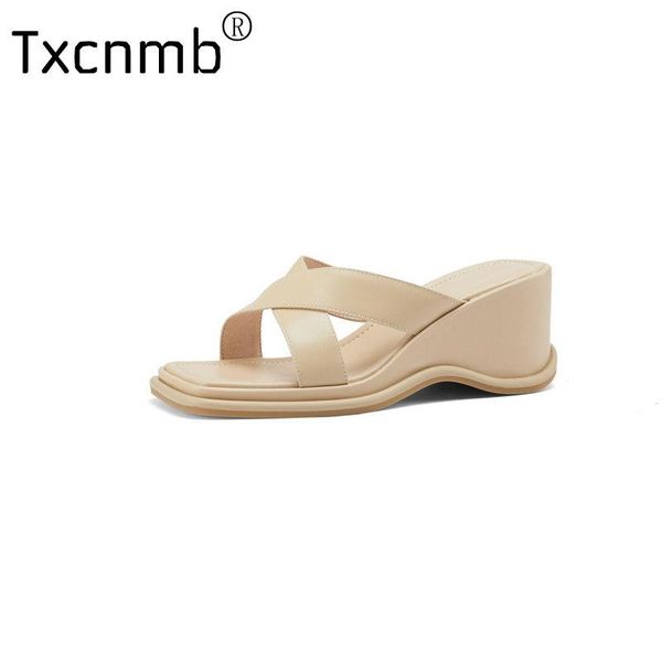 

slippers txcnmb brand women slipper summer genuine leather sandal crystal wedges high heel open toe ball, Black