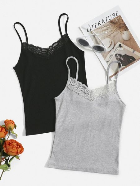 

2pcs solid lace trim cami k9kx#, White