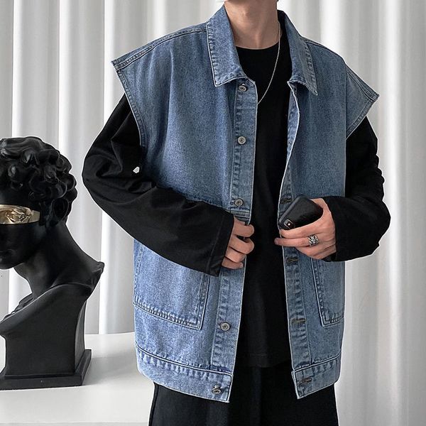 

2021 new spring autumn denim men's fashion retro pocket coat streetwear korean loose hip-hop vest jacket men m-2xl 9a0l, Black;white