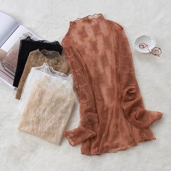 

autumn long sleeve turtleneck womens shirts lace slim perspective mesh cap, White