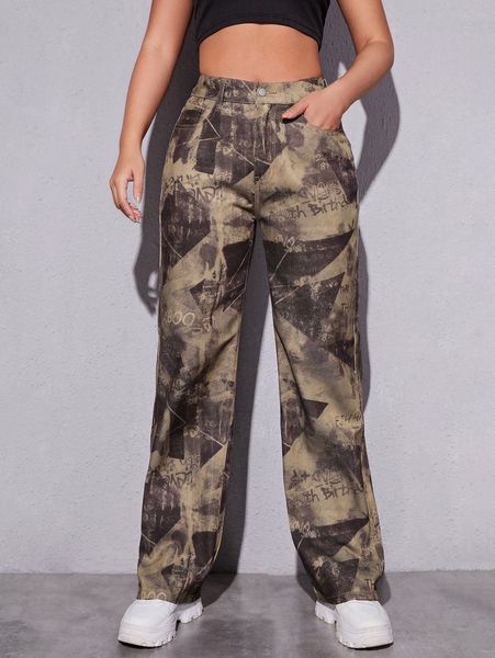 

high waist allover print straight leg jeans t8c4#, Blue