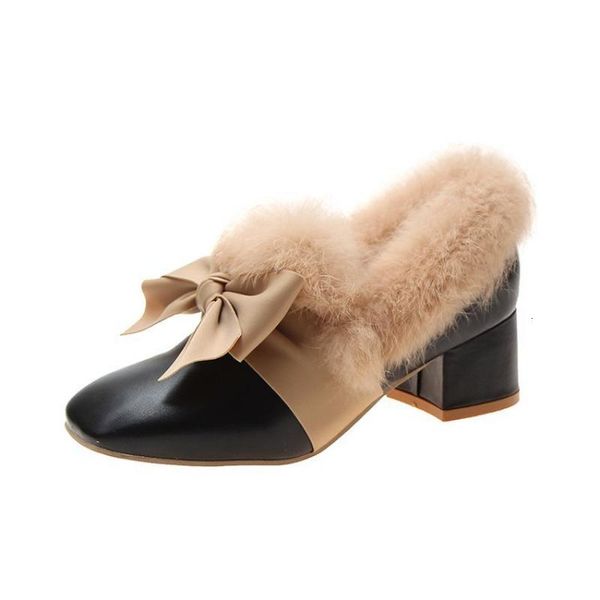 

stylish bow ol women's high-heeled pumps winter skin shoes thick heels plyf, Black