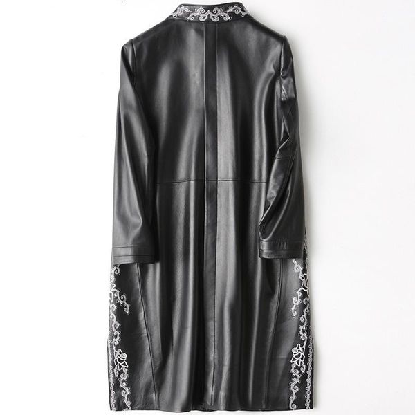 

women's leather & faux street real wall luxurious embroidery sheepskin long coat fashion winter collar, Black