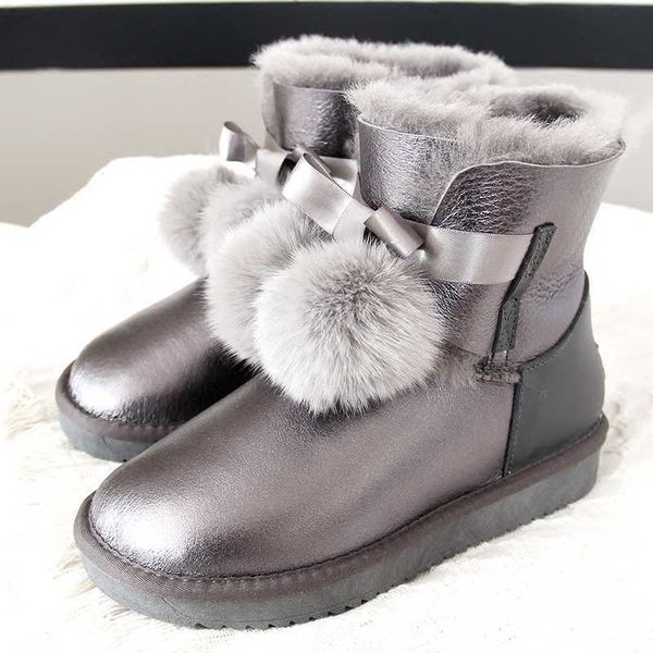 

wool snow boots sheep fur boot genuine sheepskin leather waterproof bow ball ankle boots short winter shoes 210429, Black