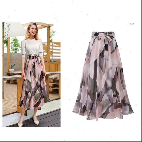 

women skirt print chiffon high waist female plus size elascity high waist vintage korean casual summer plus size skirt, Black