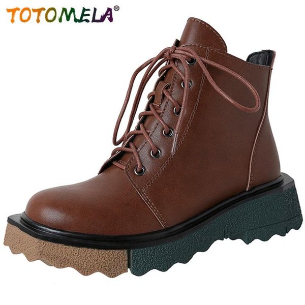 

boots totomela arrive hand made vitage ankle fashion genuine leather shoes lace up zipper retro women winter, Black