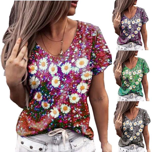 

women's t-shirt summer v-neck short sleeve love heart floral printing female casual clothes soft clothing comfortable tees, White
