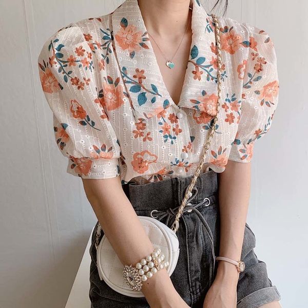 

2021 new chic floral print embroidered summer shirts elegant single-breasted female lapel p6tq, Black;white