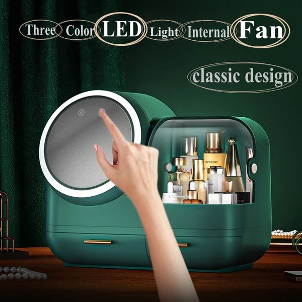 

high quaity makeup storage case ed ight with fan make up organizer der deskskincare ipstick cosmetic beauty box