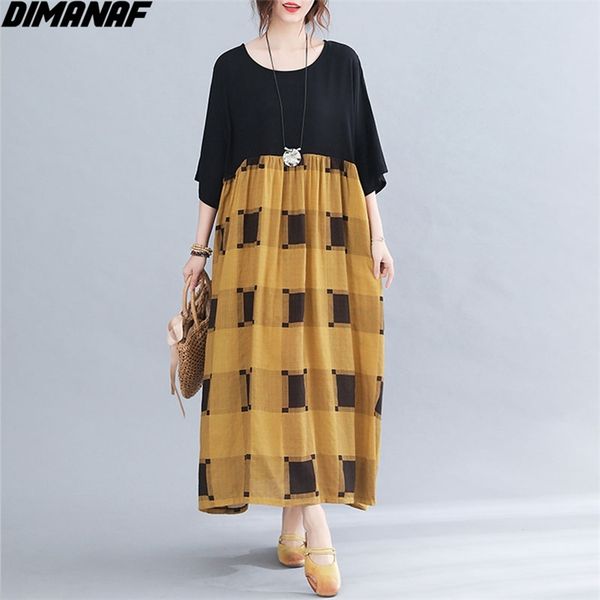 

plus size summer dress patchwork plaid women elegant o-neck linen sundress oversize print long large 4xl 5xl 210531, Black;gray