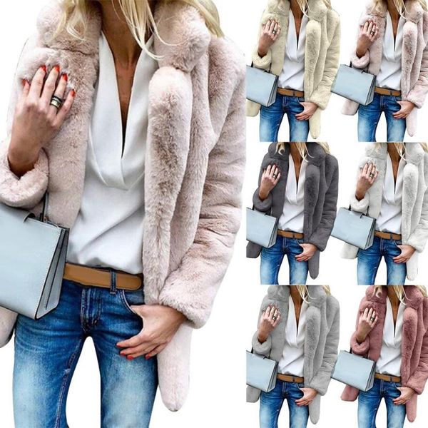 

2021 women coat winter solid color thick faux fur lapel coat loose women warm jacket outwear, Black