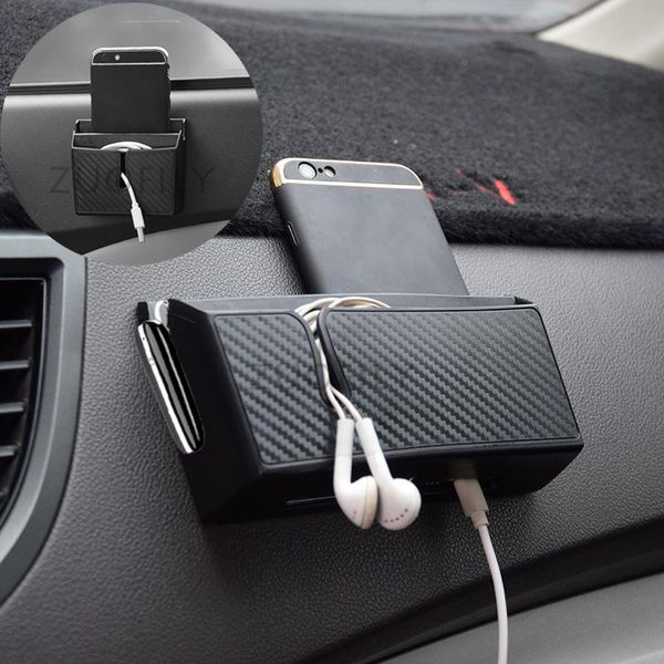 

car organizer carbon fiber black sticky storage box for mobile phone reusable interior accessorie decor pocket