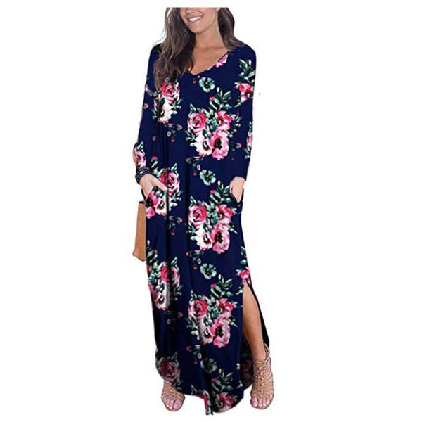 

casual dresses women floral print maxi dress long sleeve v-neck pleated female loose beach red black vestidos, Black;gray