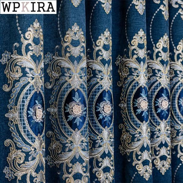 

luxury european curtain for living room embroidery blue drape floral blackout curtain bedroom french window lace bottom w456#d