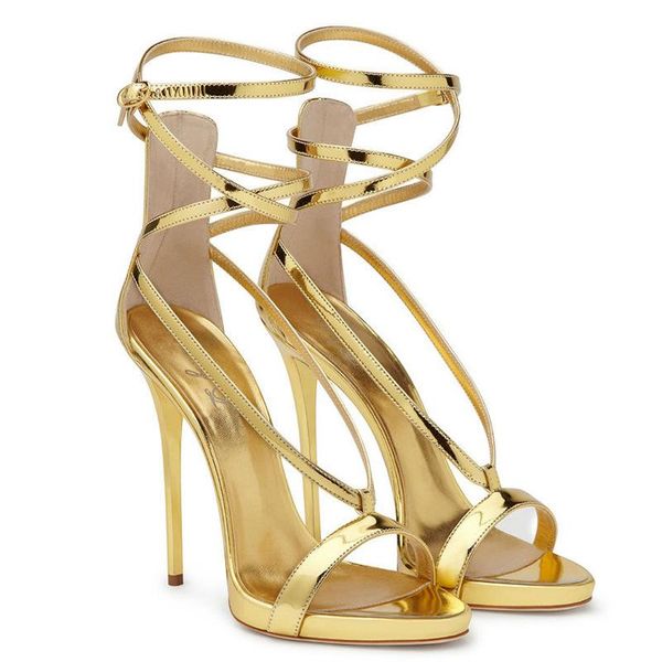 

gold silver color toe high-heeled shoes bandage high heel sandals patent leather, Black
