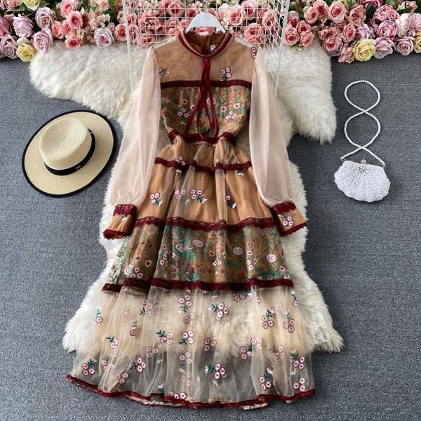 

casual dresses elegant see through long lantern sleeve mesh dress flower embroidery stitching lace trims high waist sweet bow party, Black;gray