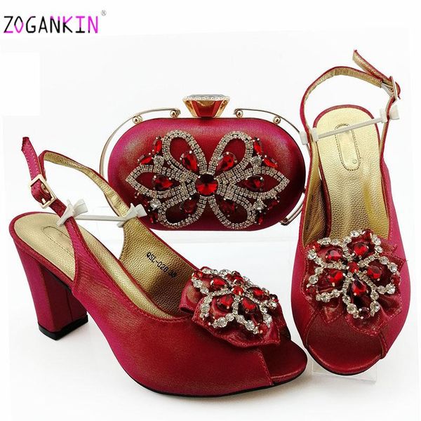 

dress shoes 2021 red color fashion rhinestone woman and matching bag set african style pumps for party, Black