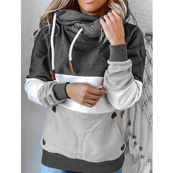 

2021 new european fashion casual american female spring solid color sewing with long sleeve hood wild sweater loose wouv, Black