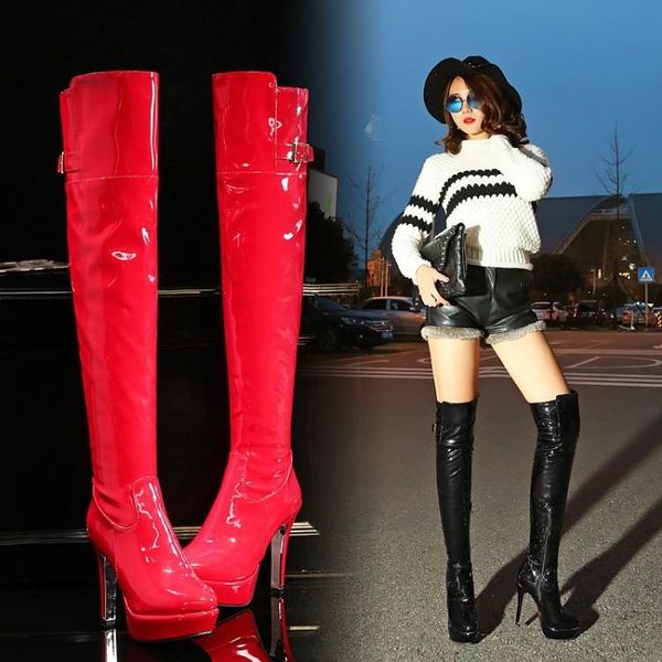 

boots size large women's shoes patent leather high knee, Black