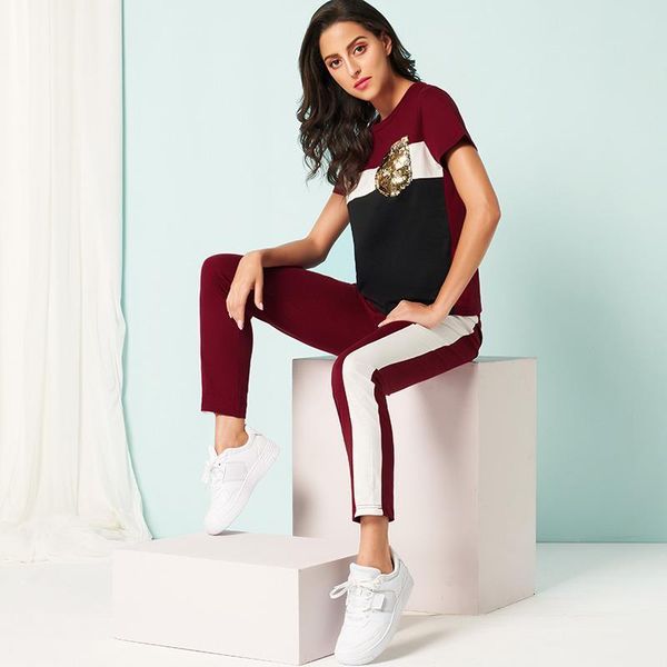 

womens sport suit fashion two pieces short sleeve striped suits sequined casual tracksuits summer, Gray