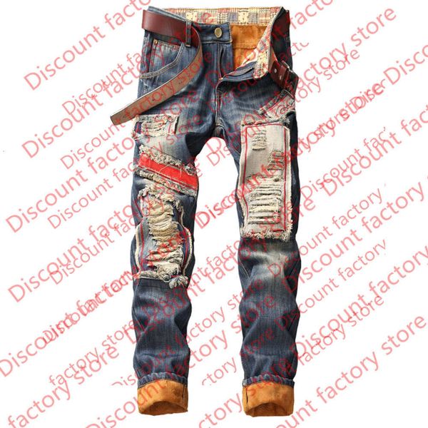 

men's winter warm jeans pants fleece destroyed ripped denim trousers thick thermal distressed biker jeans for men clothes, Blue