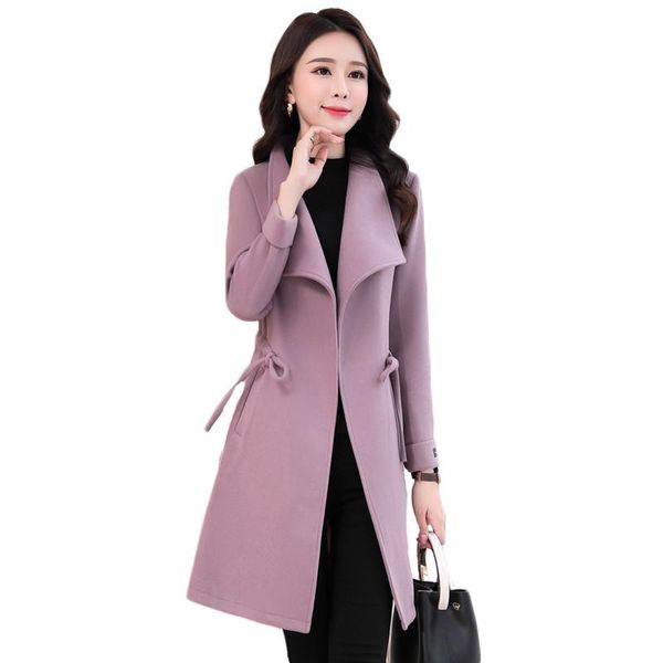 

women's wool & blends woolen coat women 2021 autumn winter korean version ladies drawstring lace-up slim thickened solid color female j, Black