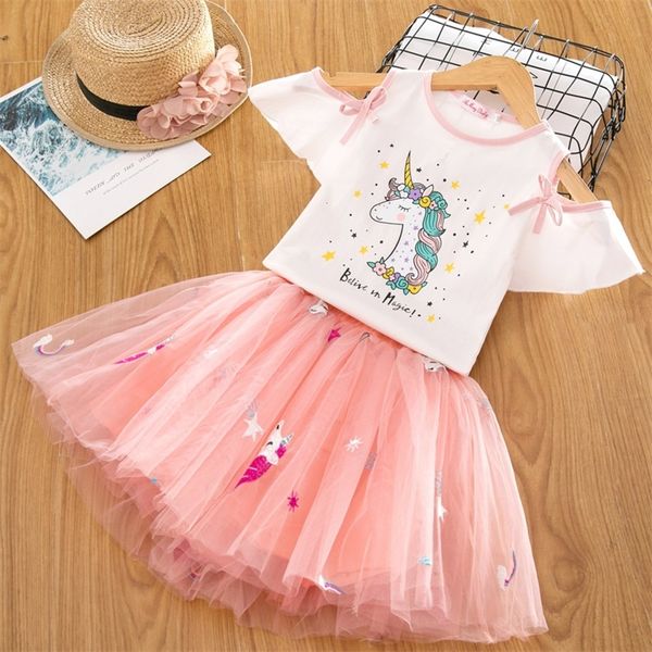 

girls' suit summer 2019 lovely princess unicorn girl t-shirt + gauze dress 2 pieces children's clothing 3 8y, Red;yellow