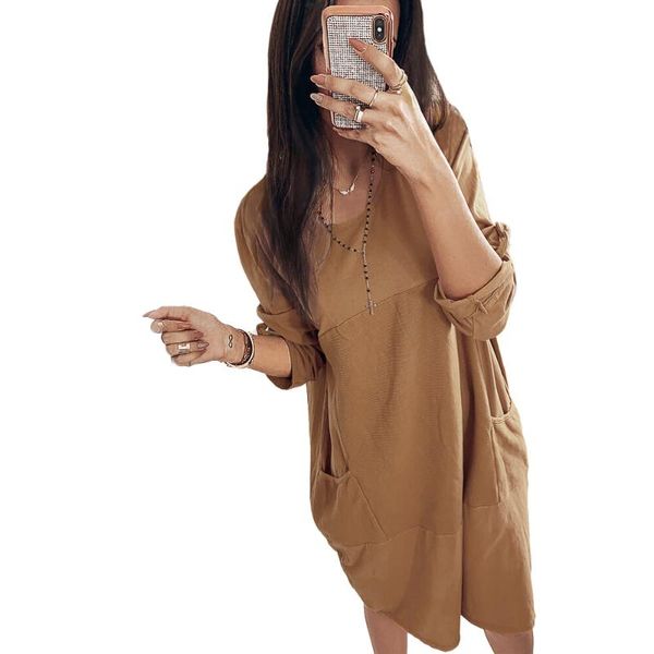 

casual dresses vestidos plus size dress women boho long sleeve pockets tunic ladies loose pullover jumper summer, Black;gray