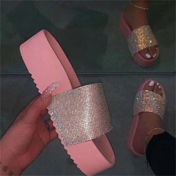 

slippers women's summer thick bottom rhinestone comfortable home women outdoor wild candy-colored beach sandals, Black