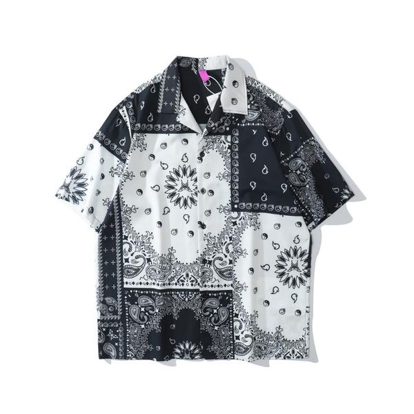 

men's casual shirts 2021 black white color contrast bandana shirt men street fashion hawaiian man, White;black
