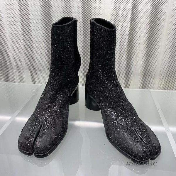 

boots sequined split toe ankle round high heel street fashion shoes women's winter old-made black punk